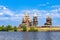 View to old monastery Kizhi Pogost, wooden Temple and Churchyard. Church of Transfiguration, bell tower in summer at