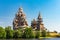 View to old monastery Kizhi Pogost, wooden Temple and Churchyard. Church of Transfiguration, bell tower in summer at