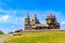 View to old monastery Kizhi Pogost, wooden Temple and Churchyard. Church of Transfiguration, bell tower in summer at