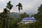 View to palm trees and white building with blue roof in a tropical forest