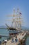 view to pier in San Francisco with Vintage 1886 sailing ship Balclutha at Maritime National Historical Park