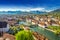 View to Pilatus mountain and historic city center of Luzern, Switzerland.