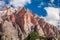 View to red mountain in Dolomites in spring, Italy