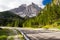 View to road and Dolomites mountains, Italy, Europe