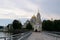 View to the road and entrance gate of Nilov Monastery on Stolobny Island, lake Seliger, Ostashkov, Russia