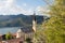 View to schliersee lake and village, st sixtus church, in may. b