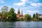View to shore of Werder, Havel, with Holy Spirit Church -Heilig Geist Kirche-, Potsdam, Germany