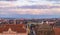 View to the Sibiu rooftops in the center of the city with mountains in the background in Sibiu, Romania