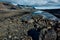 View to Skaftafellsjokull glacier with river and rocks, in Skaftafell, Iceland in summer on sunny day