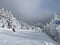 View to ski slopes with lot of fresh powder snow at Stowe Mountain resort VT