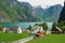 View to the small village at the bank of the Aurland fjord in Undredal, Norway.