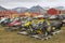 View to the snowmobiles parked outside for a short arctic summer in Longyearbyen, Norway.