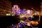 View to St. Francis church and Three bridges, with Ljubljanica river running below, decorated for New Years holidays