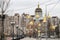 View to the St. Pokrovskiy Cathedral or Cathedral of the Intercession on Obolon embankment in Kyiv, Ukraine
