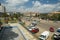 View to the street in downtown with the iconic statue of the Lion of Judah in Addis Ababa, Ethiopia.