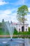 View to Tallinn Gate with fountain in a foreground and churchtower in background, Pärnu, Estonia