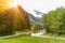 View to Tuxertal valley with Tux river and Zillertal alps near village Juns and Hintertux glacier in summer, Tirol Austria Europe