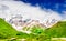 View to the valley of Shkhara Glacier with Shkhara, the highest mountain in Georgia behind Svaneti, Caucasus