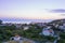 View to the village of Agios Efstratios island, Greece, from the hill of Saint Minas church, in the sunset