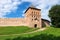 View to Vladimir tower and wall of the Velikiy Great Novgorod citadel kremlin, detinets in Russia under blue summer sky in the