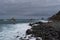 View to waves and Los Galiones cliff near Roque de Las Bodegas beach in the area of Taganana, Tenerife Island,  Spain