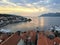 A view from a top the bell tower in the town of Korcula during sundown of the beautiful ancient town and Luka Korculanksa Bay