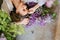 view top. a blonde in a white shirt on the floor with lilac flowers.