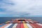 View on the top of containers loaded on deck of the large cargo ship.