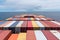 View on the top of containers loaded on deck of the large cargo ship.