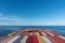 View on the top of containers loaded on deck of the large cargo ship.