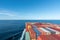 View on the top of containers loaded on deck of the large cargo ship.