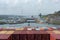 View on the top of containers loaded on deck of the large cargo ship.