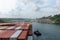 View on the top of containers loaded on deck of the large cargo ship.