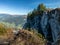 View from the top of Gerlosstein in Austrian Alps with mountain panorama in the back on a sunny day of autumn with blue