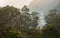 The view on top of the mountain Adam`s Peak on sunset buddha temple. Sri Lanka