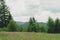 View from top mountain to wooded mountain landscape against background sky covered white-gray dense clouds.