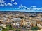 View from top of old town on the top of the rock. sky and clouds.   Coastal town cityscape in summertime. Local buildings.