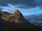 View of the top of popular hiking destination Ha Ling Peak near Canmore, Kananaskis Country, Alberta, Canada in the morning light.