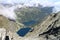 View from top of Rysy peak 2503 m to Poland with Morskie oko and Czarny staw lakes, High Tatras