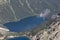 View from top of Rysy peak 2503 m to Poland with Morskie oko and Czarny staw lakes, High Tatras