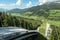 A view from a top of ski jumping hill at Bad Mitterndorf, in the Styrian part of Salzkammergut, Austria, during the summer.