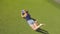 View from the top on young student girl lying on grass at park and reading a book