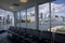 View of Toronto cityscape through the window of the Billy Bishop Toronto City Airport Terminal