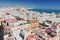 View from Torre Tavira tower to Cadiz Cathedral, also New Cathedral, Cadiz, Costa de la Luz, Andalusia, Spain