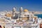 View from Torre Tavira tower to Cadiz Cathedral, also New Cathedral, Costa de la Luz, Andalusia, Spain.