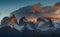 View of Torres Mountains in the Torres del Peine National Park during sunrise. Autumn in Patagonia, the Chilean side