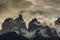 View of Torres mountains in the Torres del Peine national park during sunset. Covering the patagonism, the Chilean side