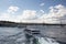 View of tour boats on Golden Horn part of Bosphorus and Halic bridge in Istanbul.