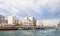 View from the tourist Arab boat abra on the embankment of Dubai Creek in Dubai city, United Arab Emirates