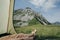 View from tourist tent inside on the mountain landscape in Monte